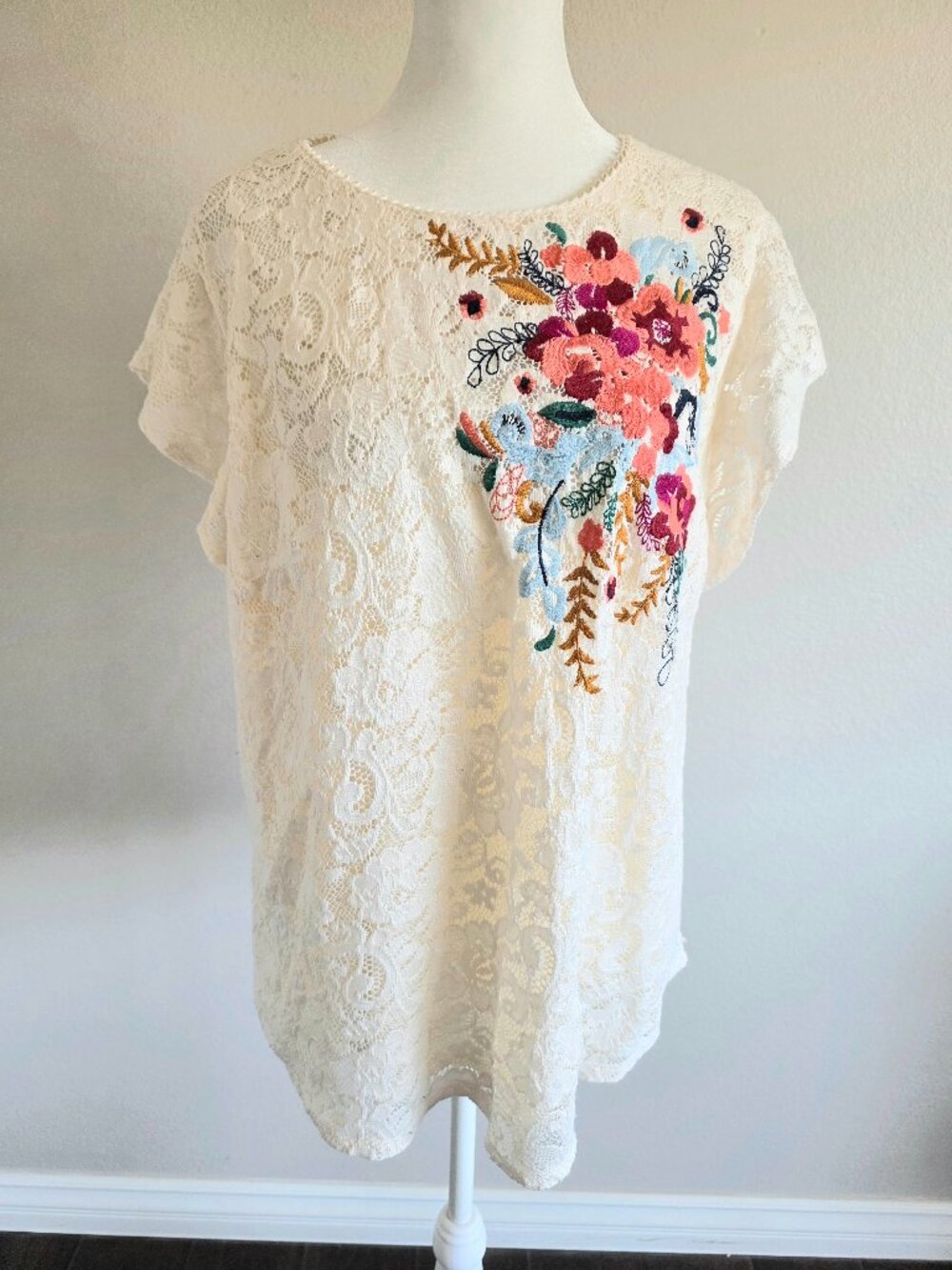 Meadow Rue Top Blouse Floral Embroidered Lace Overlay Flutter Sleeve Size XL - L